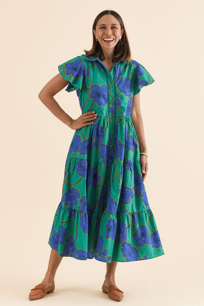 Alice Cobalt Floral Cotton Tiered Dress,Full Body,Brunette model,alt text|model:Cara
