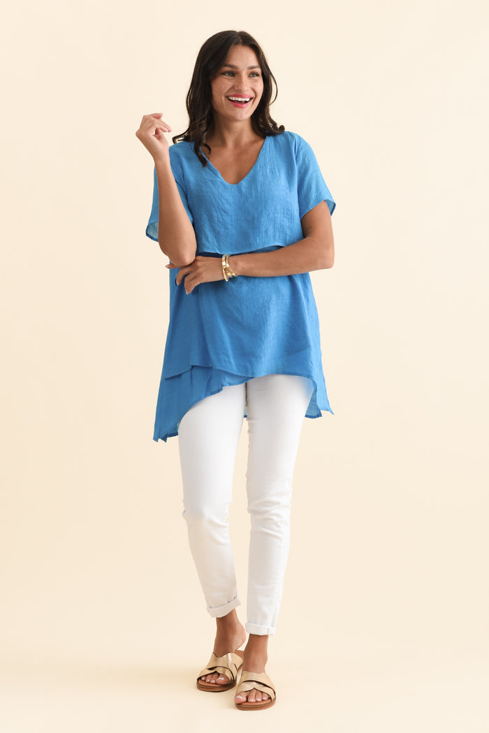 Alvina Azure Blue Layered Tunic Top,Brunette model,alt text|model:Brontie