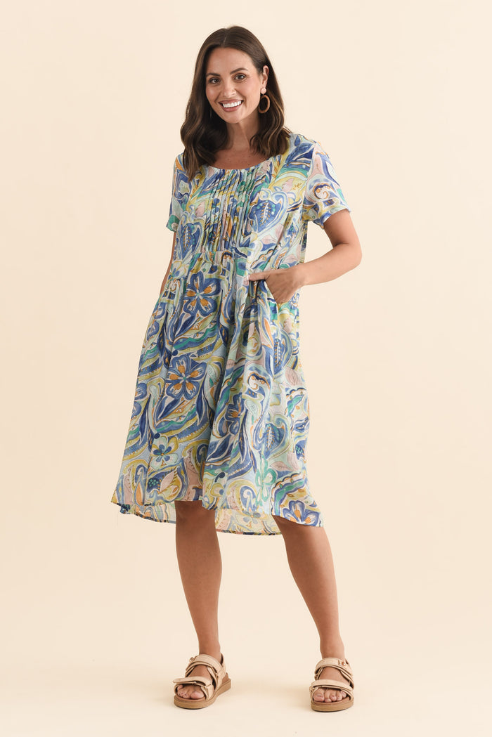 Alysse Blue Bloom Pocket Dress,Brunette model,alt text|model:MJ
