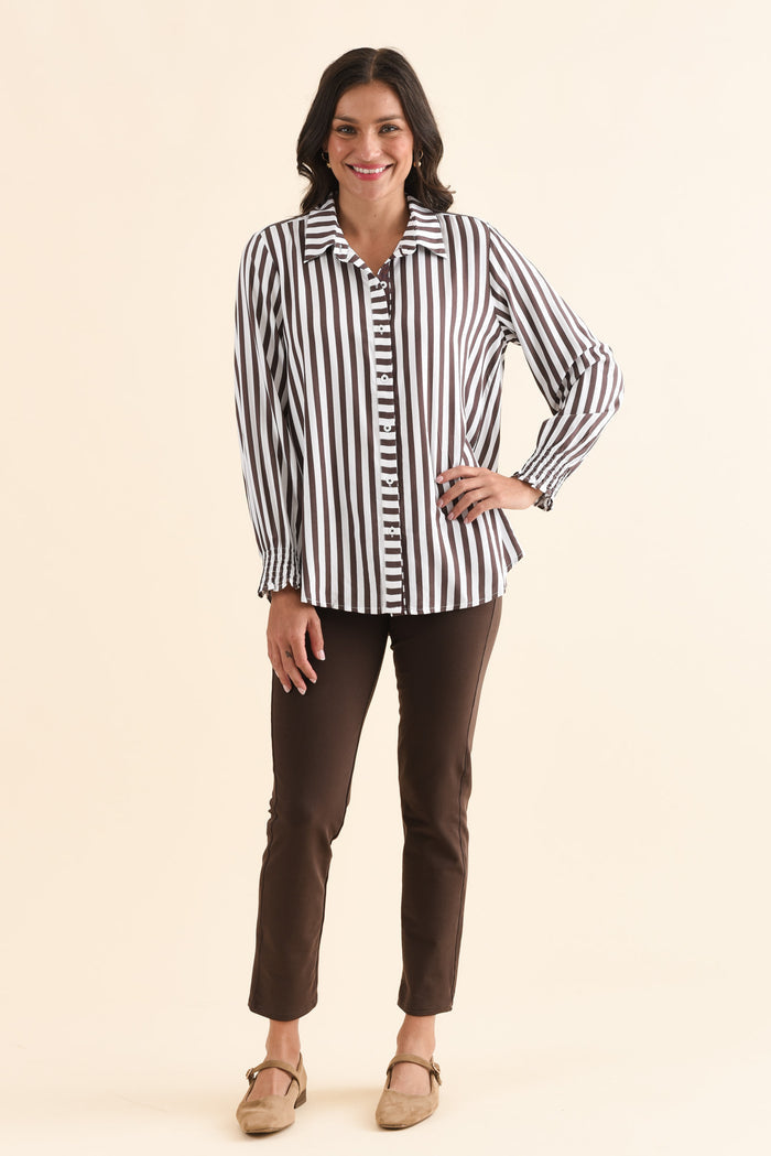 Amour Chocolate Stripe Puff Sleeve Shirt,Full Body,Brunette model,alt text|model:Brontie