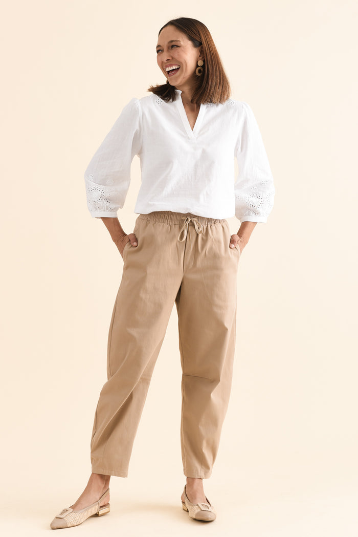 Andy Beige Cotton Barrel Pants,Full Body,Brunette model,alt text|model:Cara