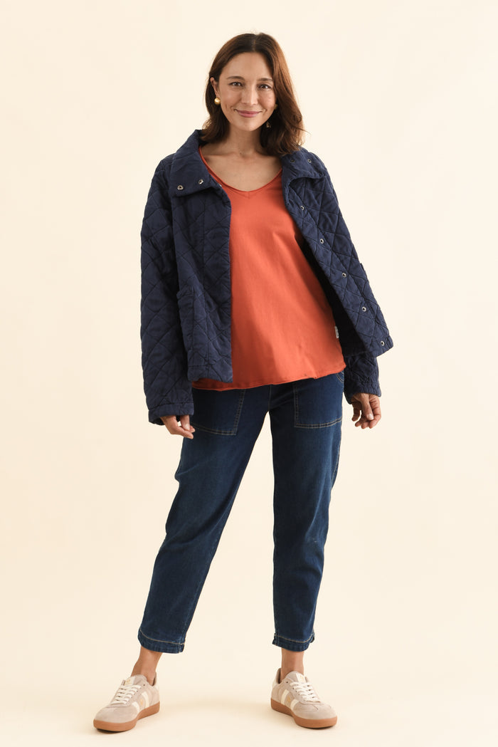 Aurora Navy Quilted Jacket,Full Body,Brunette model,alt text|model:Cara