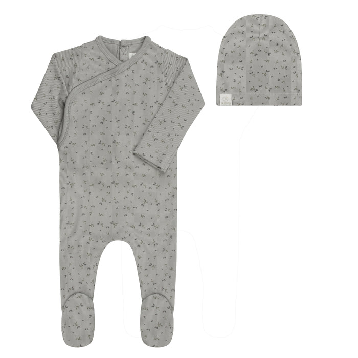 Baby Boy Footie and Beanie – Blue – Floral Rib