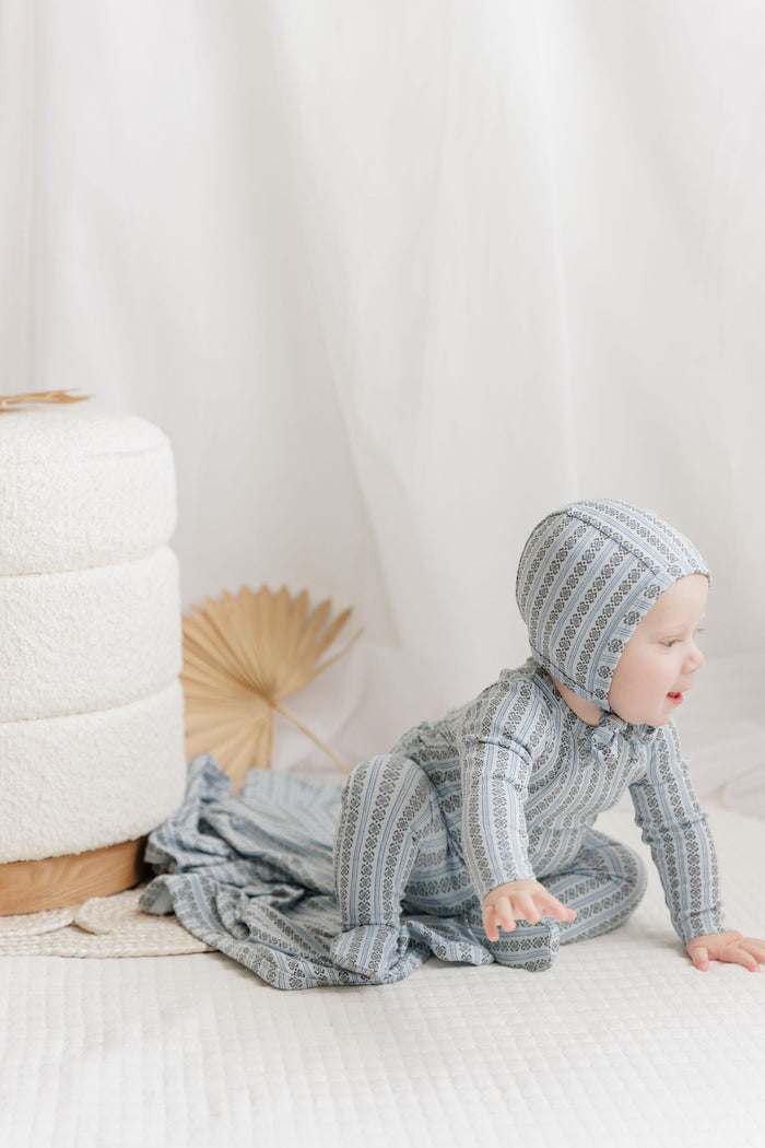 Baby Boy Footie and Bonnet – Blue – Linear Leaf