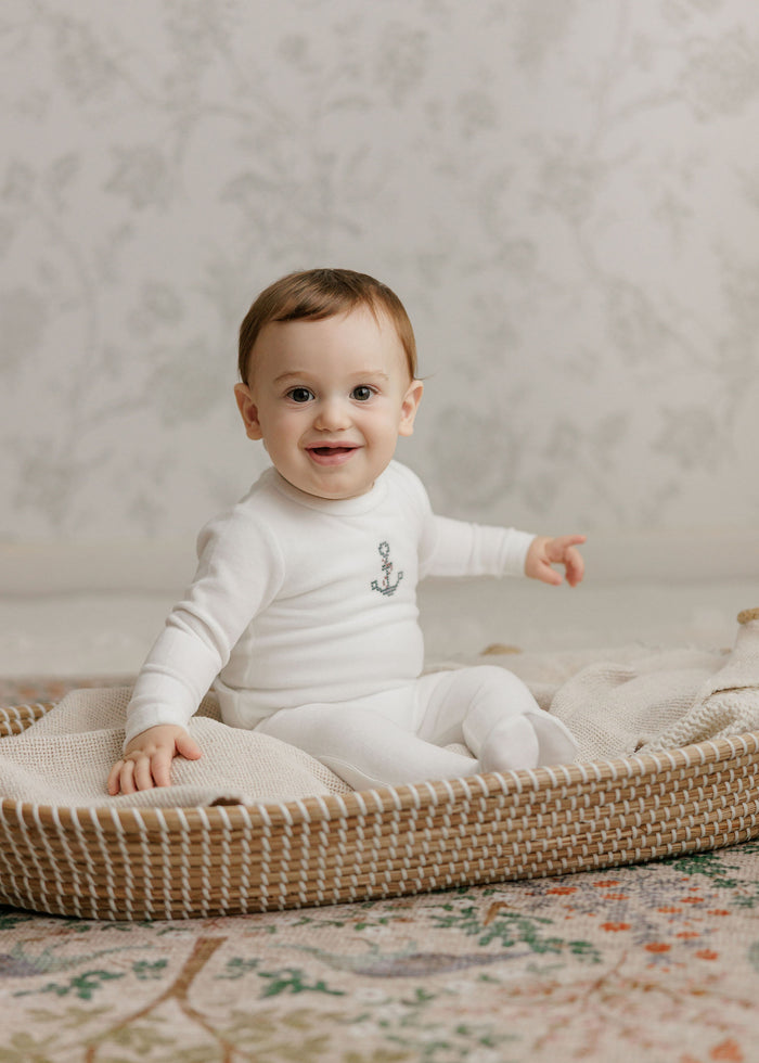 Baby Boy Footie & Beanie – Ivory Boy – Cross Stitch