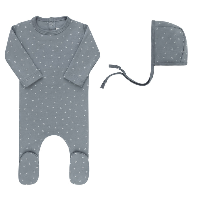 Baby Boy Footie & Bonnet – Blue – Floral Leaf