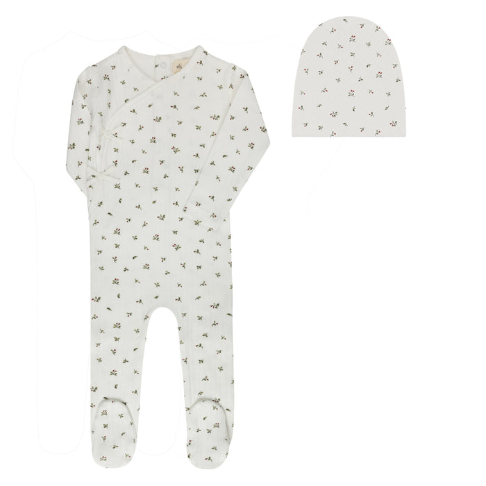 Baby Girl Footie and Beanie – Ivory Pink – Floral Pointelle