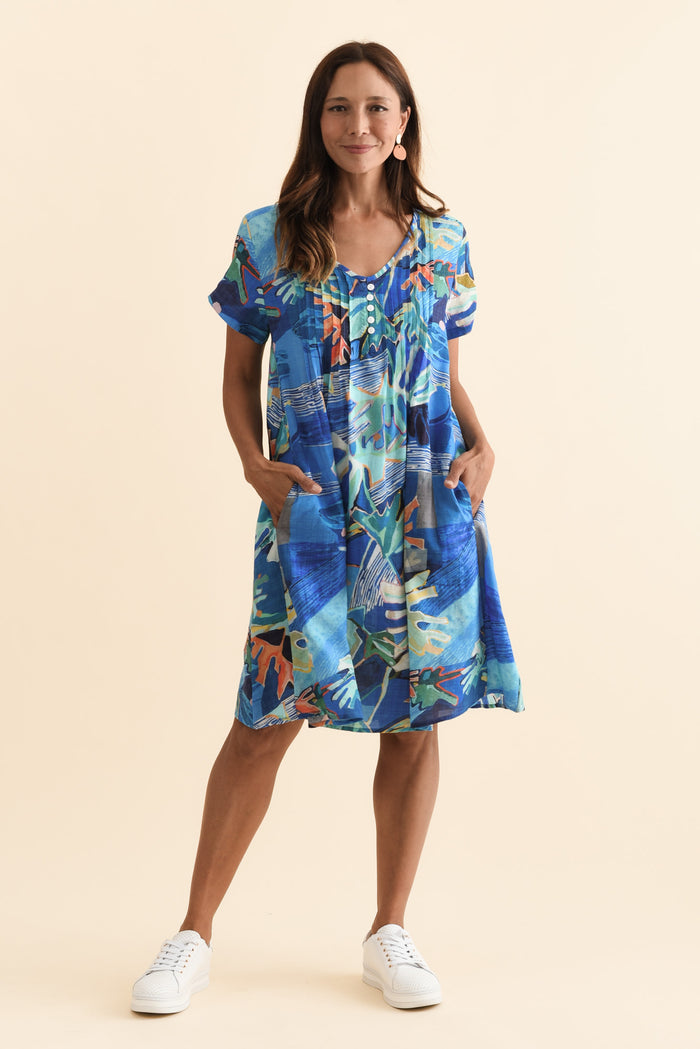 Barry Blue Coastal Cotton Button Dress,Brunette model,alt text|model:Cara