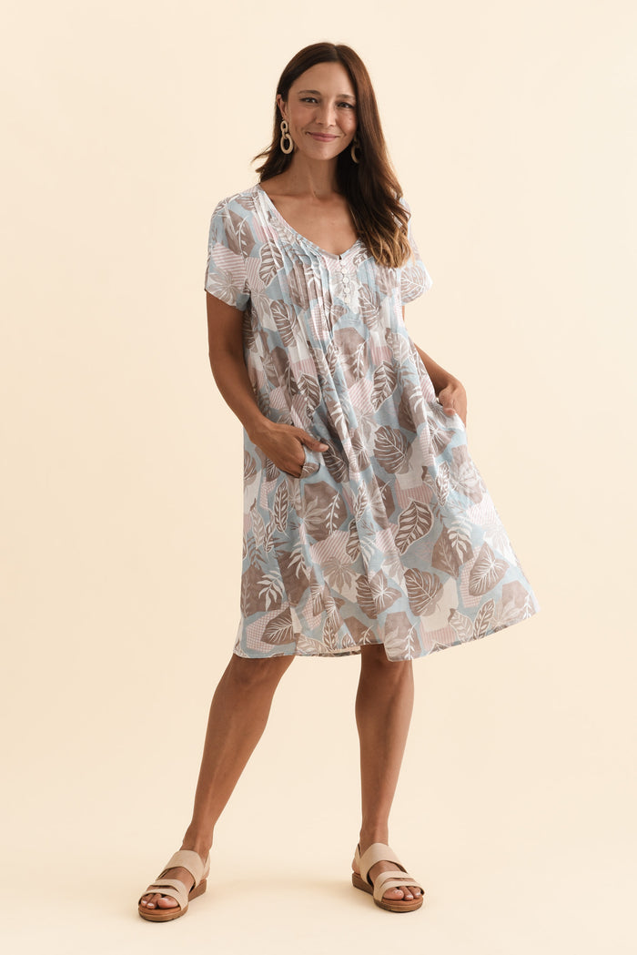 Barry Blue Leaf Cotton Button Dress,Brunette model,alt text|model:Cara