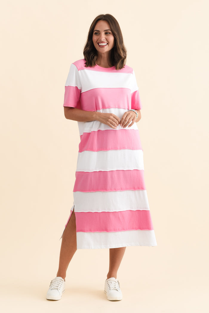 Bold Pink Stripe Cotton Tee Dress,Brunette model,alt text|model:MJ
