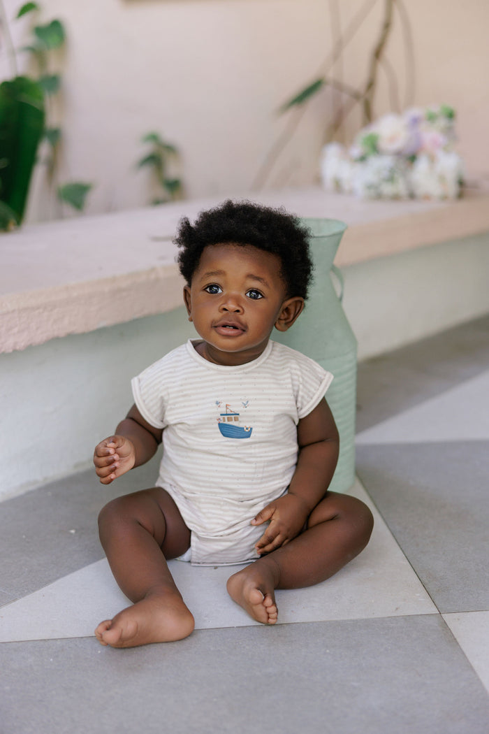 Boys Romper - Tan - Nautical Stripe