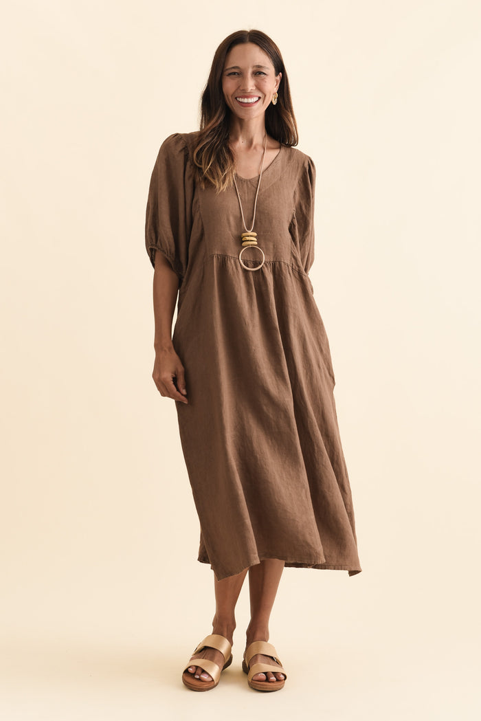 Claudine Chocolate Linen Pocket Dress,Brunette model,alt text|model:Cara
