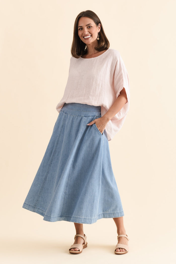 Darcy Light Wash Denim Skirt,Brunette model,alt text|model:MJ