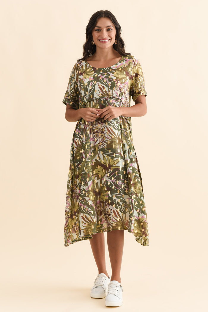 Darling Khaki Tropical Foil Crescent Dress,Brunette model,alt text|model:Brontie