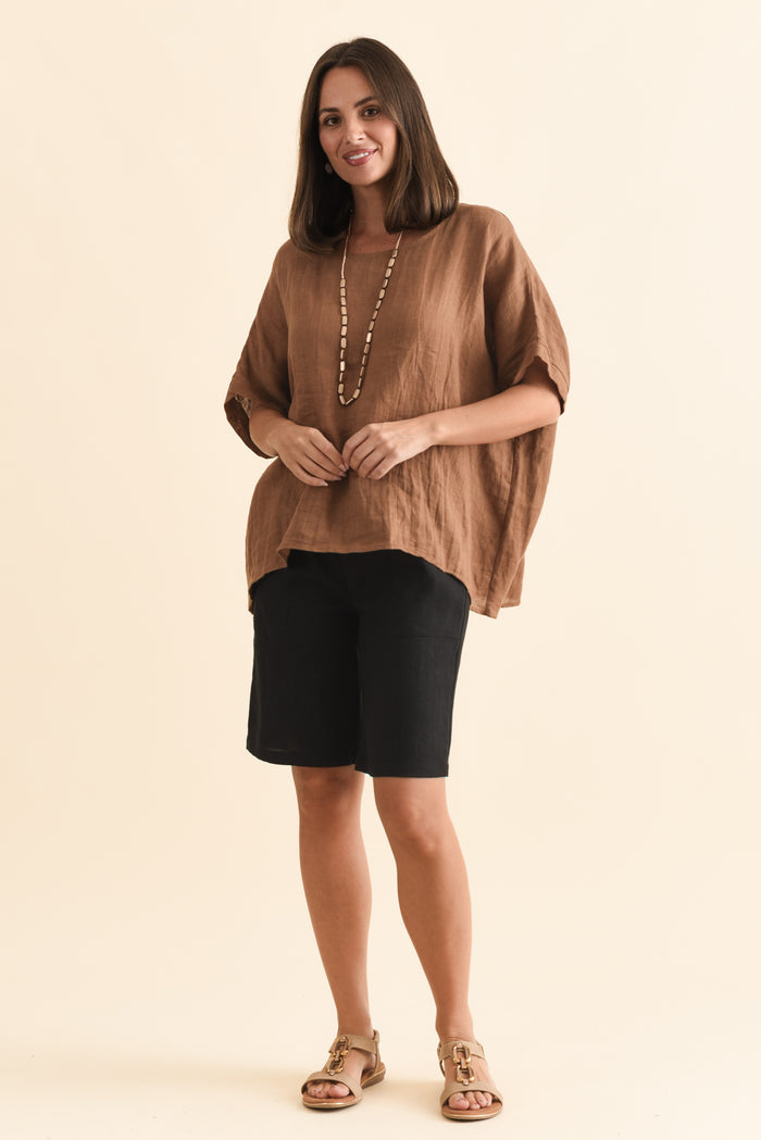 Elka Black Linen Relaxed Shorts,Brunette model,alt text|model:MJ