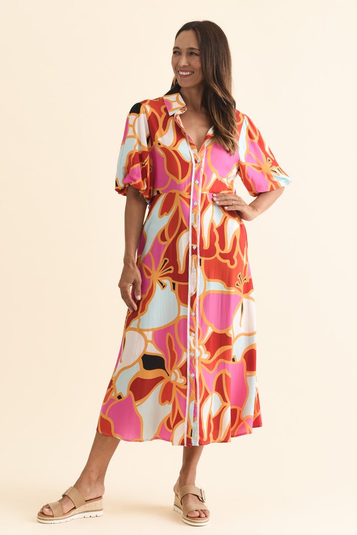 Eri Red Abstract Tie Dress,Brunette model,alt text|model:Cara