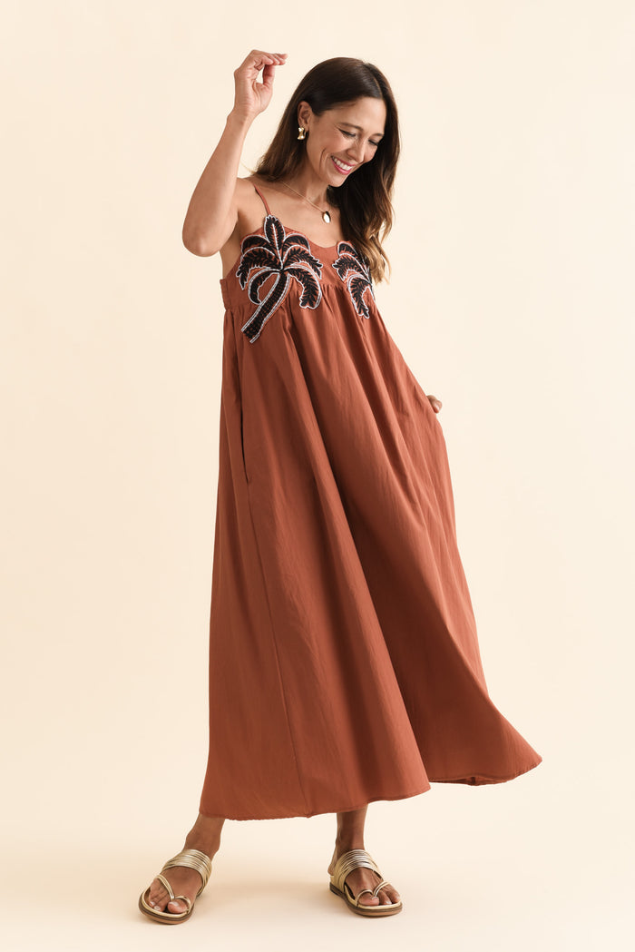 Essen Rust Cotton Poplin Embroidered Dress,Brunette model,alt text|model:Cara