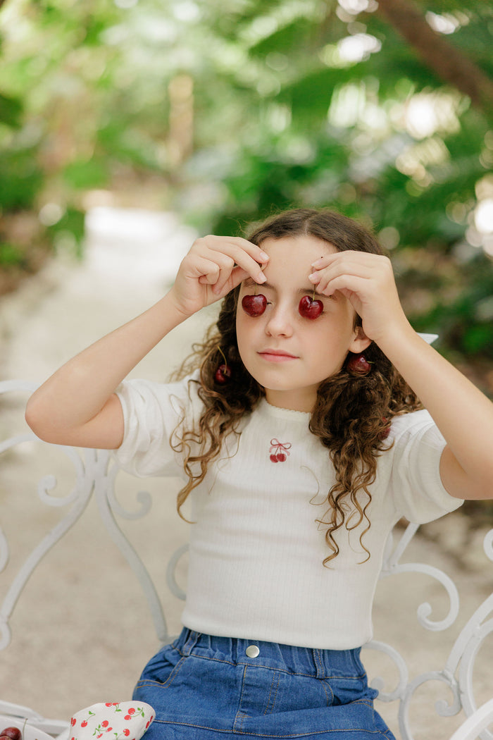 Girls Short Sleeve Tee – Ivory Pink – Bow Print