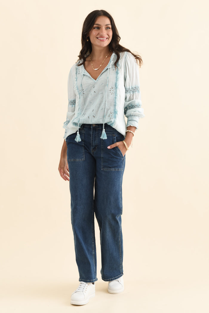 Gloria Blue Embroidered Cotton Top,Brunette model,alt text|model:Brontie