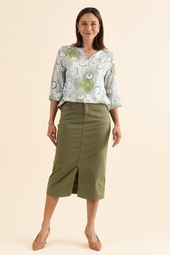 Harriet Khaki Denim Midi Skirt,Full Body,Brunette model,alt text|model:Cara