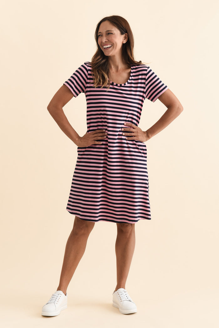 Izzy Pink Stripe Cotton Tee Dress,Brunette model,alt text|model:Cara
