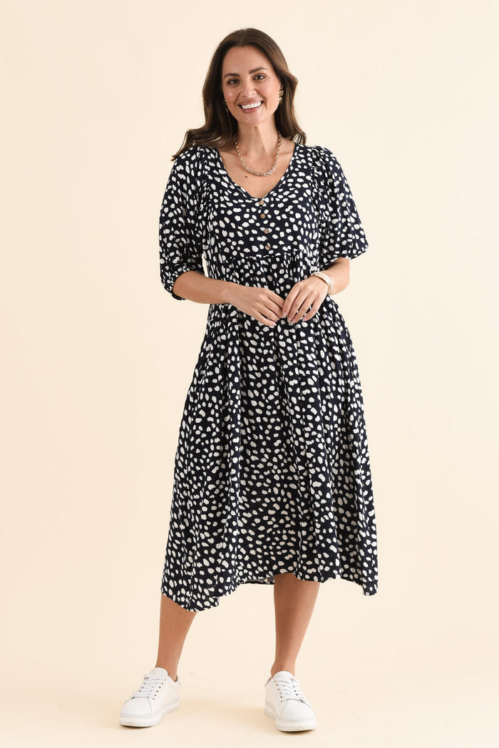 Kacey Navy Spot Button Dress,Full Body,Brunette model,alt text|model:MJ