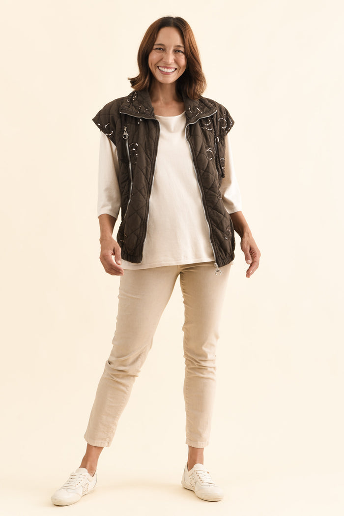 Kaylani Chocolate Sequin Quilted Vest,Full Body,Brunette model,alt text|model:Cara