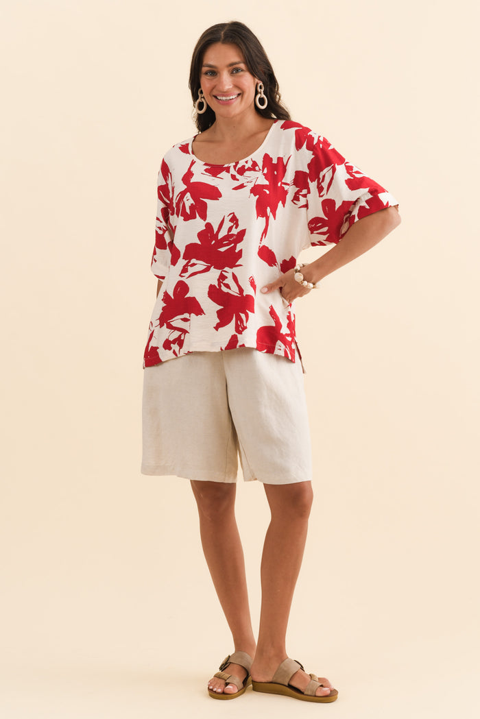 Kendria Red Brush Stroke Batwing Top,Brunette model,alt text|model:Brontie
