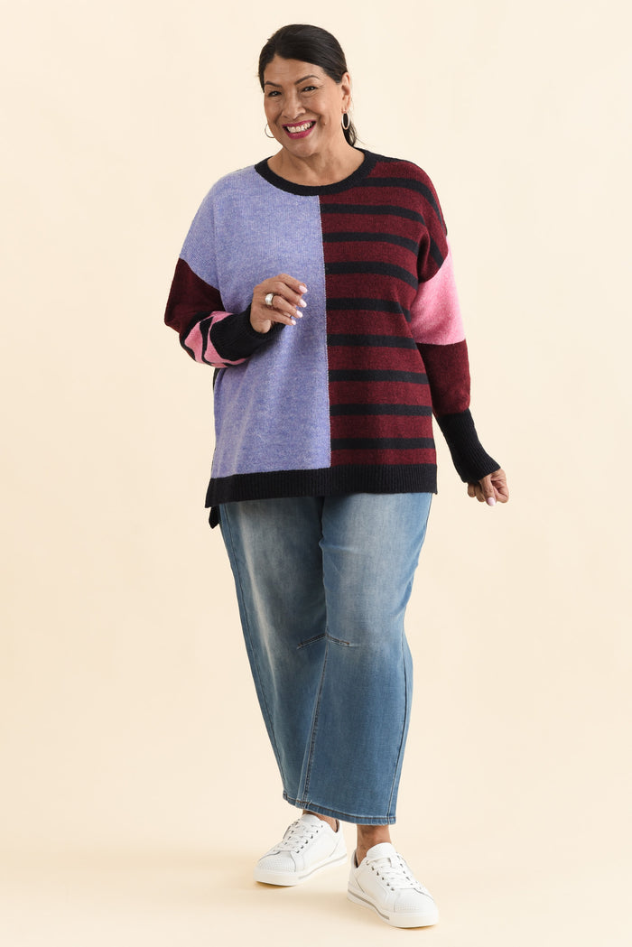 Kit Red Splice Knit Jumper,Full Body,Brunette model,alt text|model:Pilita