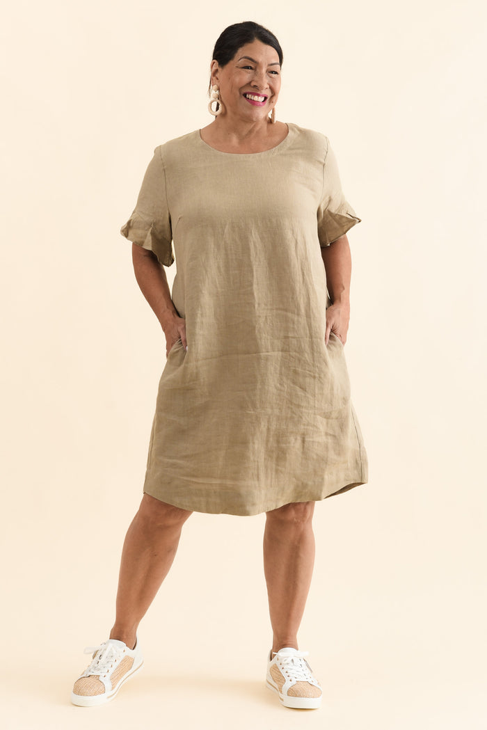 Lesley Taupe Linen Flutter Sleeve Dress,Front,Brunette model,alt text|model:Pilita