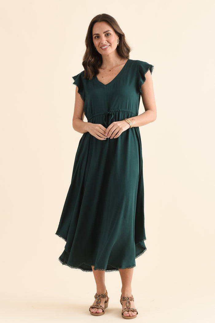 Libby Emerald Midi Dress,Full Body,Brunette model,alt text|model:MJ