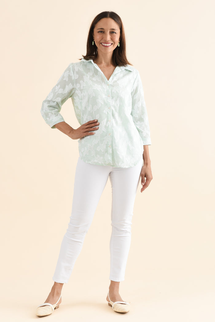 Lilah Green Garden Cotton 3/4 Sleeved Shirt,Full Body,Brunette model,alt text|model:Cara