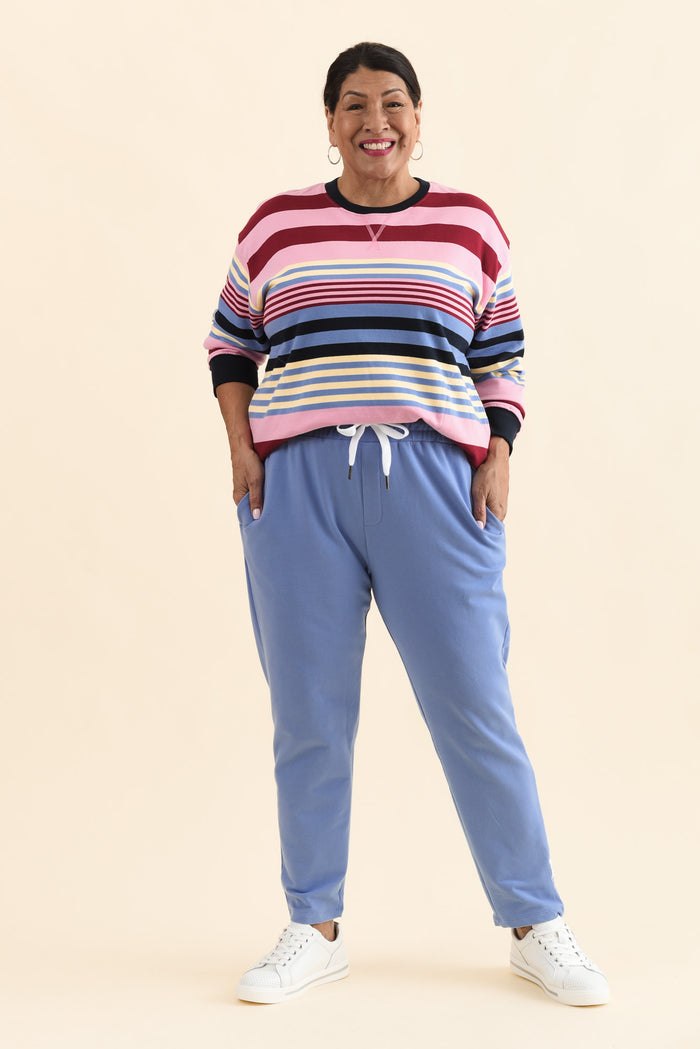 Lobby Blue Cotton Relaxed Sweatpants,Full Body,Brunette model,alt text|model:Pilita