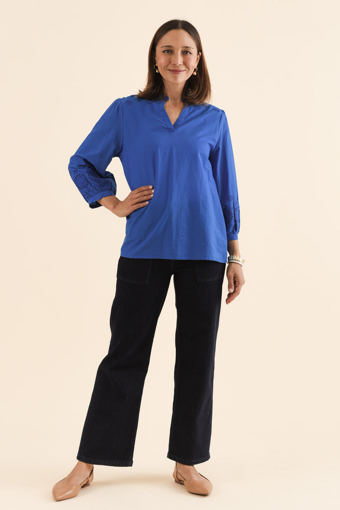Loretta Cobalt Cotton Embroidered Blouse,Full Body,Brunette model,alt text|model:Cara