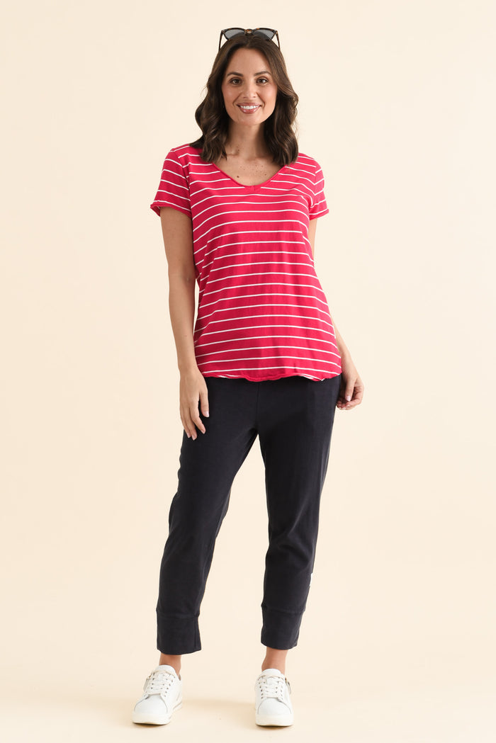 Maggie Fuchsia Stripe Cotton Vee Tee,brunette model,Full Outfit,alt text|model:MJ