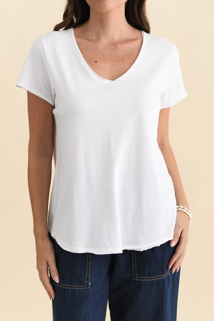 Maggie White Cotton Vee Tee,Brunette model,alt text|model:MJ