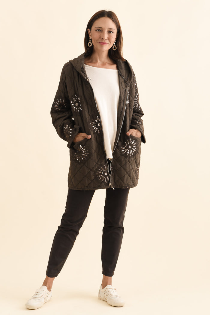 Mintaro Chocolate Sequin Quilted Jacket,Brunette model,alt text|model:Cara