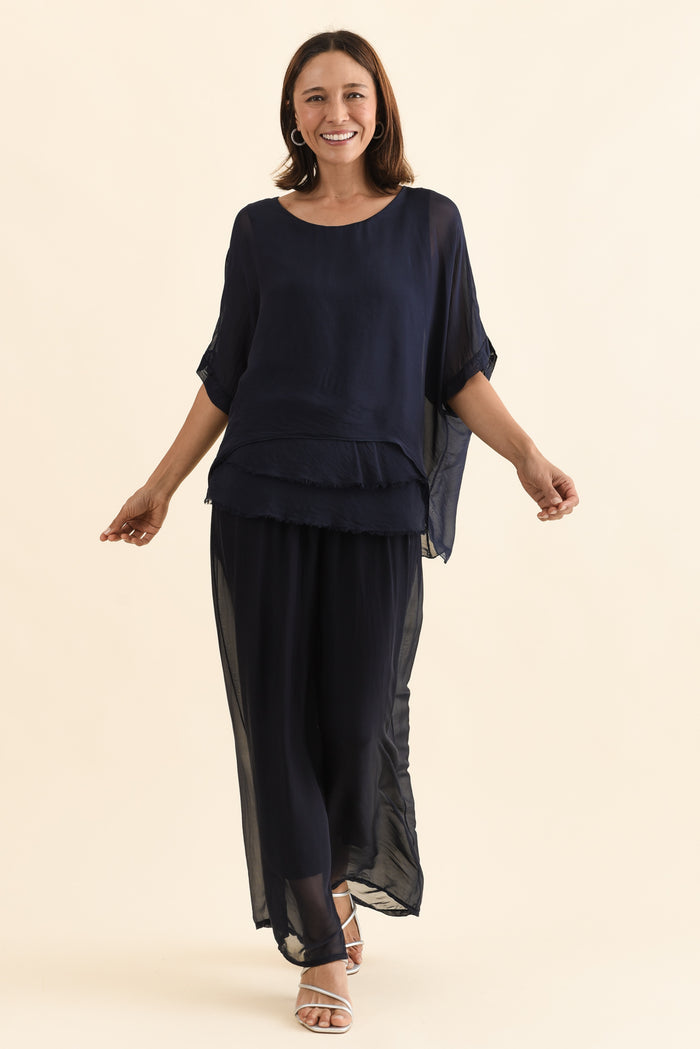 Myers Navy Silk Layer Top,Front,Brunette model,alt text|model:Cara