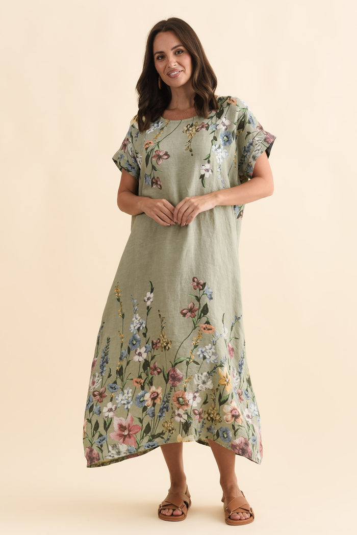 Morrison Sage Floral Linen Pocket Dress,Brunette model,alt text|model:MJ