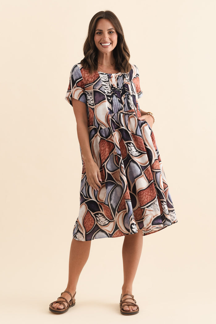Murano Blue Abstract Cotton Dress,Brunette model,alt text|model:MJ