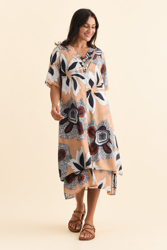 Nala Beige Flower Layers Dress,Brunette model,alt text|model:Brontie