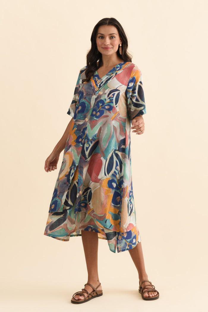 Nala Blue Floral Layers Dress,Brunette model,alt text|model:Brontie