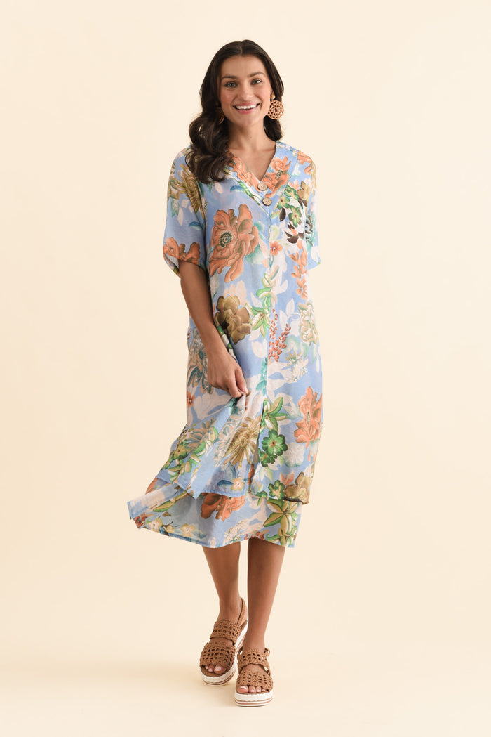 Nala Blue Garden Layers Dress,Brunette model,alt text|model:Brontie
