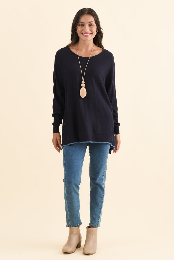 Nick Navy Organic Cotton Knit Jumper,Brunette model,alt text|model:Brontie