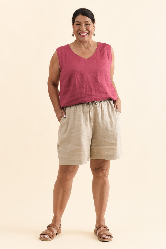Nirah Beige Linen Pocket Shorts,Full Body,Brunette model,alt text|model:Pilita