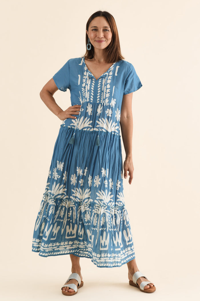 Nona Blue Beach Crinkle Cotton Maxi Dress,Full Body,Brunette model,alt text|model:Cara