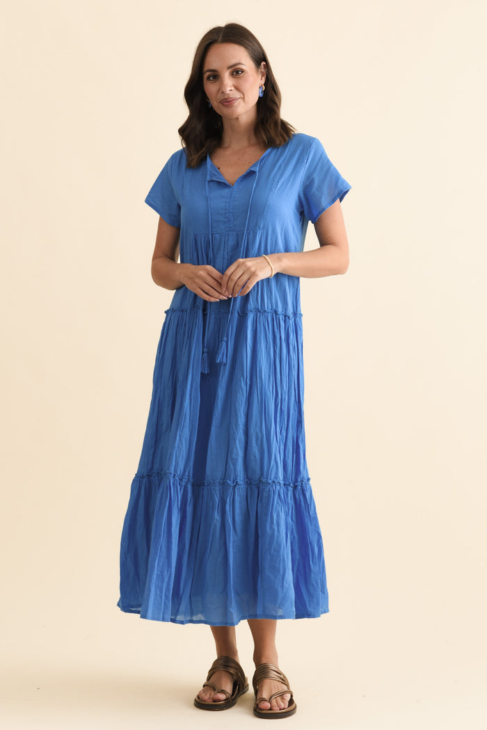 Nona Blue Crinkle Cotton Maxi Dress,Brunette model,alt text|model:MJ