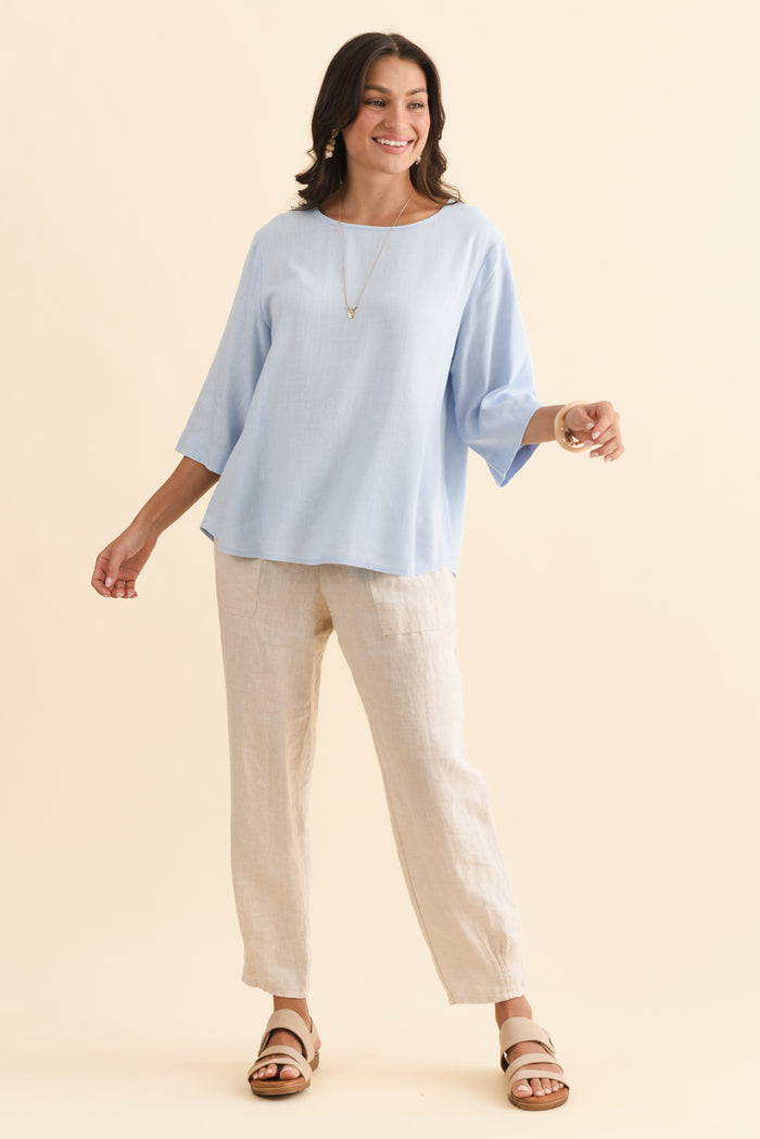 Ophelia Light Blue Scoop Neck Top,Brunette model,alt text|model:Brontie