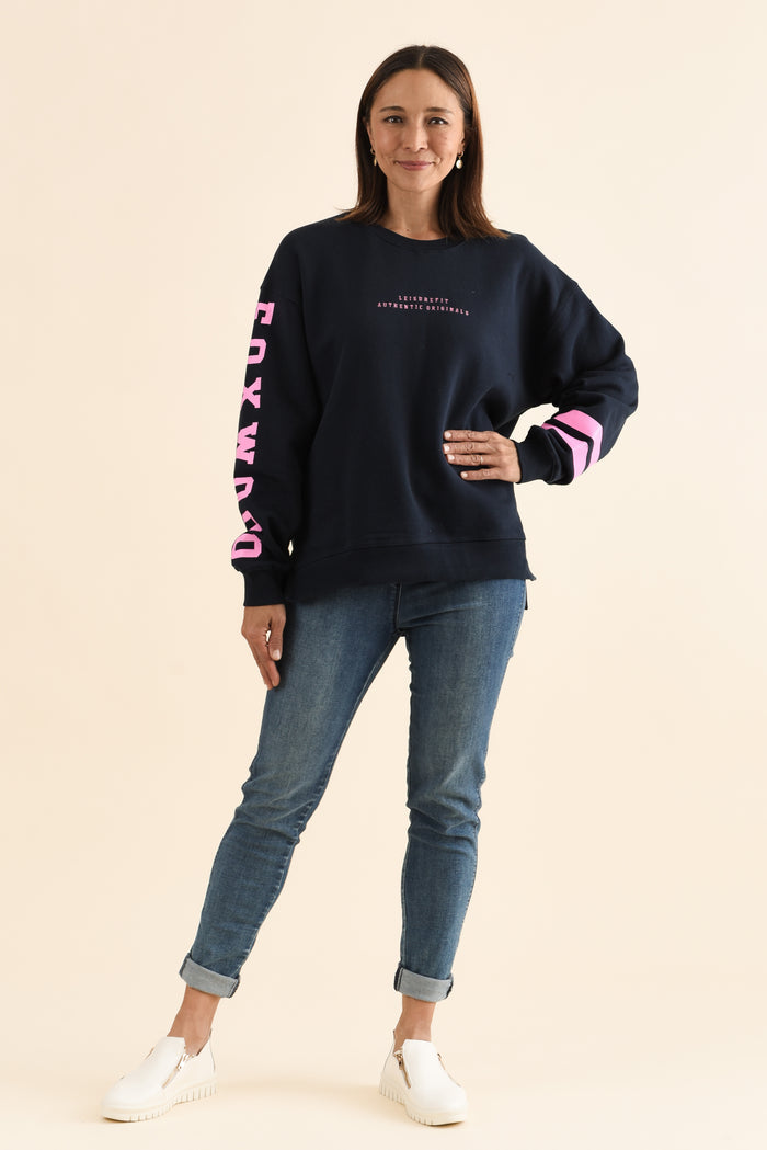 Origin Navy Cotton Crewneck Sweatshirt,Full Body,Brunette model,alt text|model:Cara
