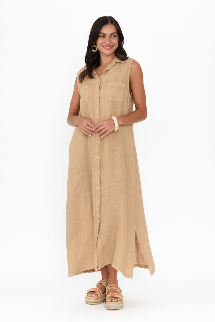 Perla Mocha Linen Button Dress,Brunette model,alt text|model:Brontie